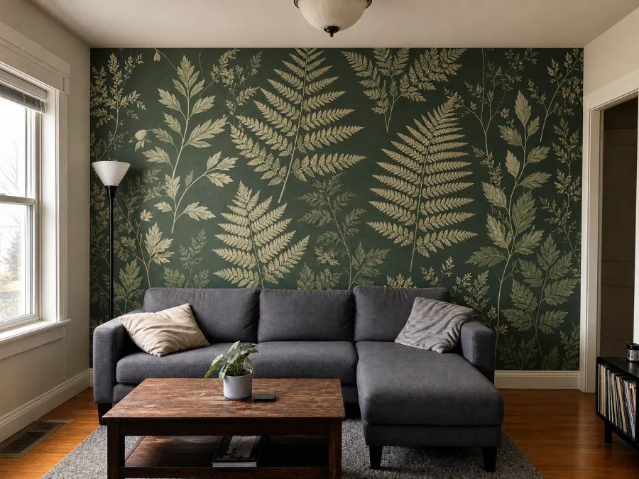 Same living room after botanical wallpaper installation