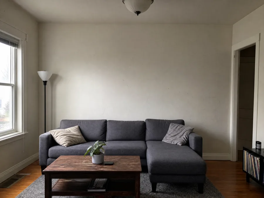 Living room with plain walls before wallpaper installation