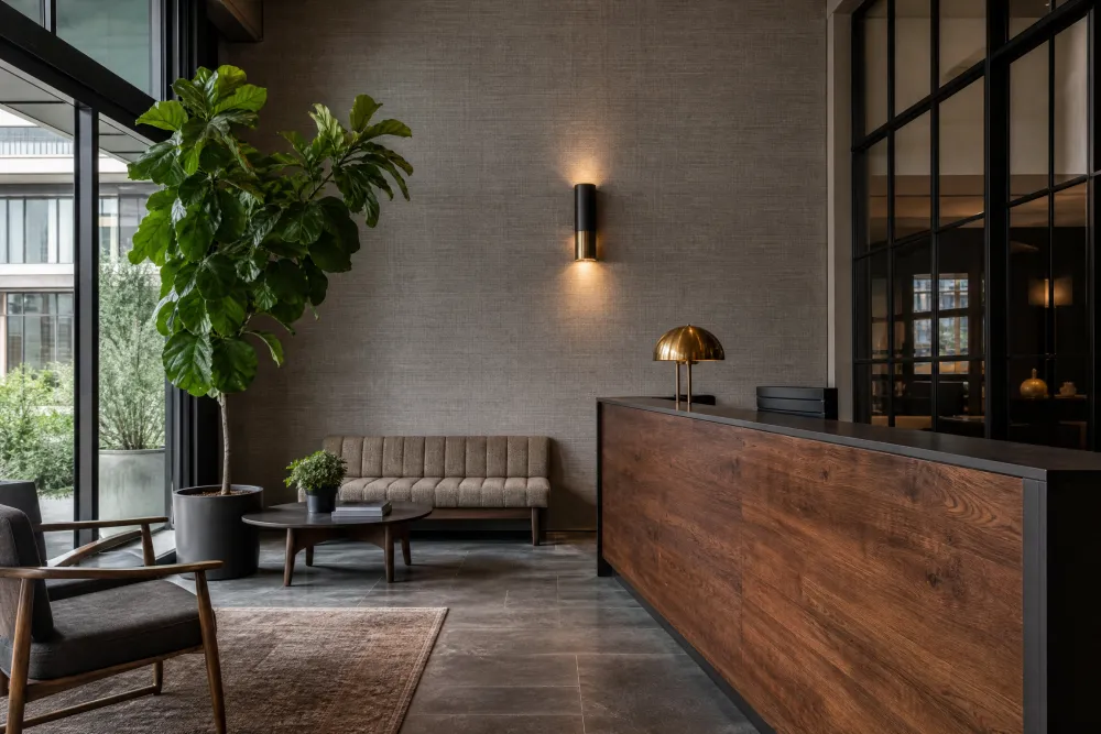 Type II vinyl wallcovering being installed in a Portland office lobby