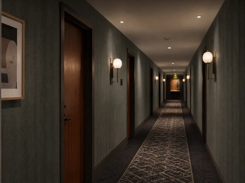Textured wallcovering in a boutique hotel corridor in Portland