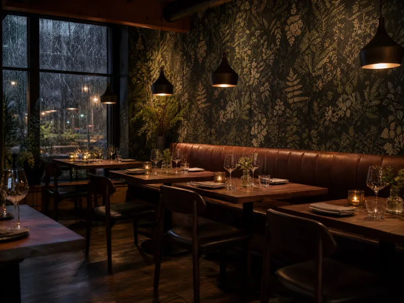 Dark botanical wallpaper in a Portland restaurant dining room