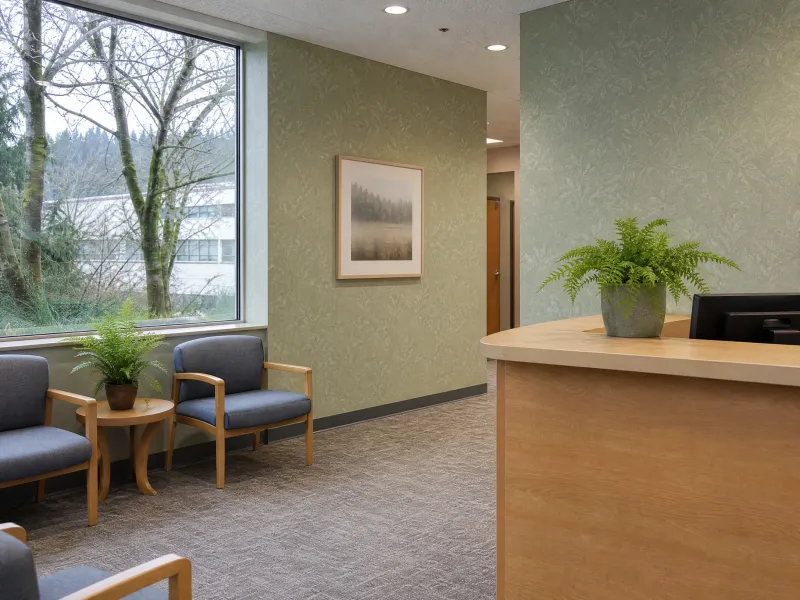 Calming wallcovering in a medical clinic waiting room
