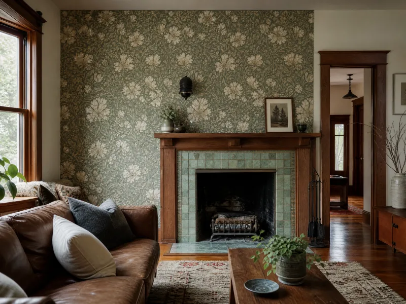 Sage floral wallpaper in a Laurelhurst Craftsman living room