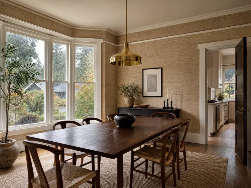 Natural grasscloth wallpaper in an Irvington dining room