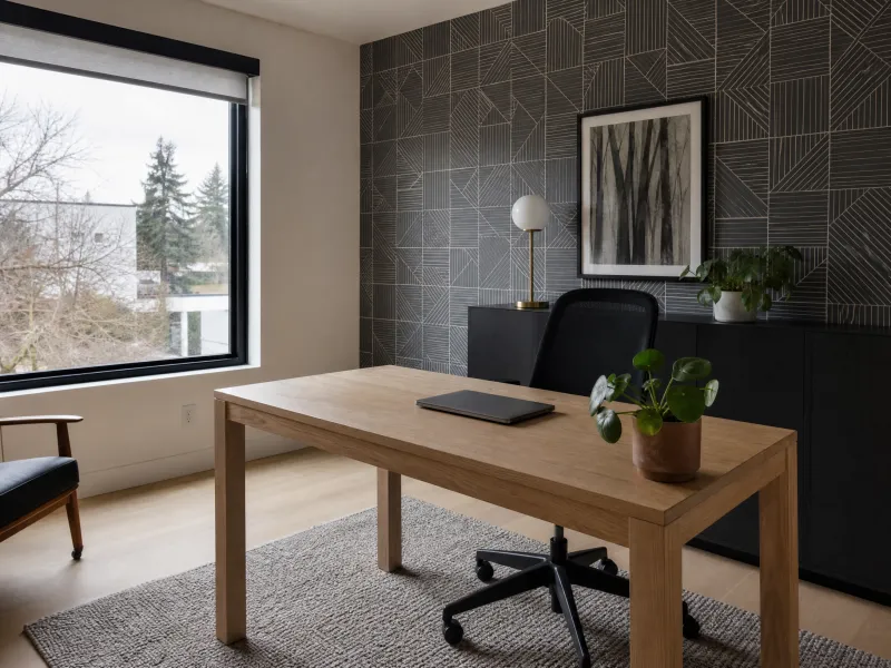 Geometric wallpaper in a Pearl District condo home office