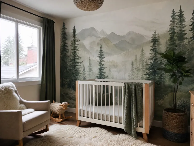 Forest mural wallpaper in a Portland nursery