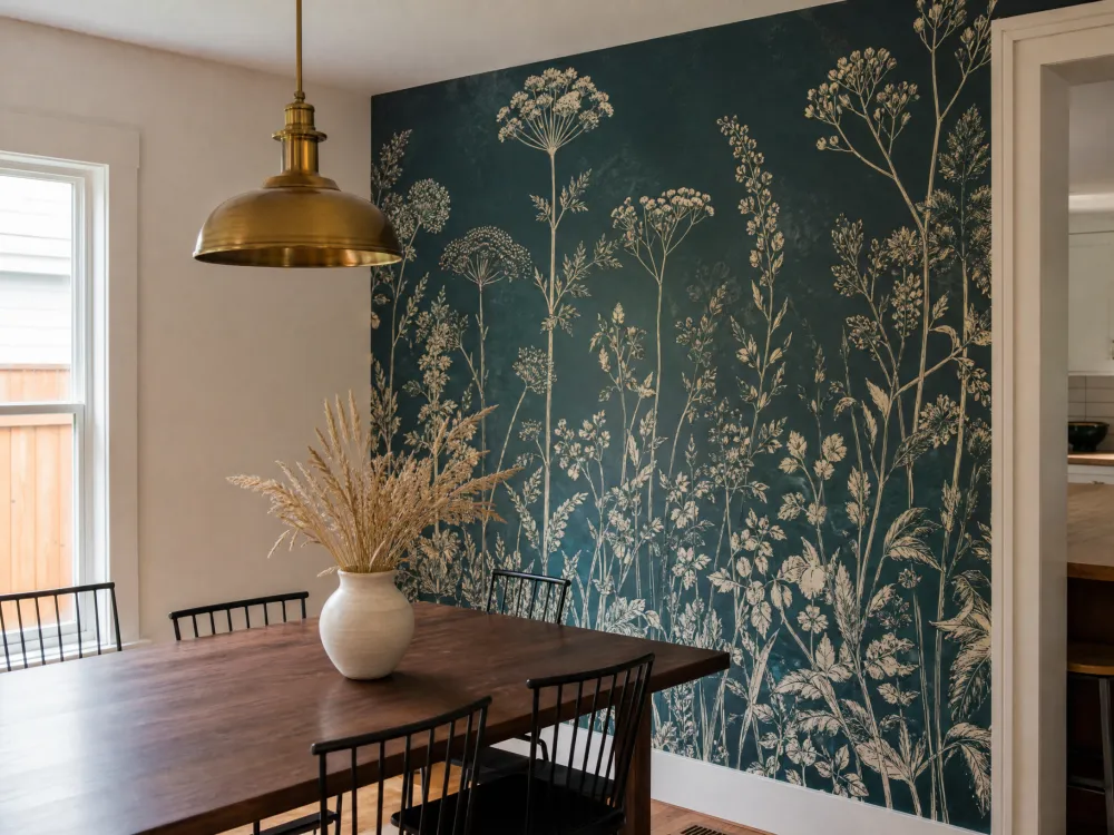Bold botanical accent wall behind a bed in a Portland home