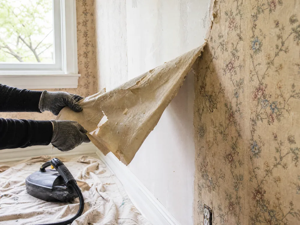 Old wallpaper being stripped and the wall skim-coated in a Portland bungalow