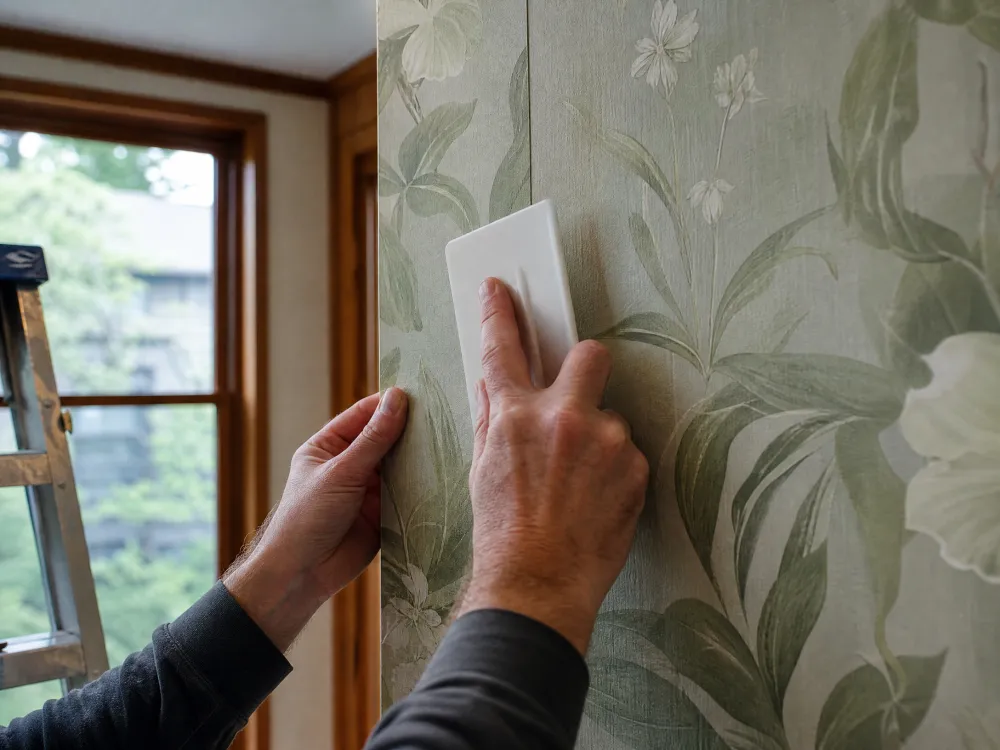 Installer hanging luxury grasscloth wallpaper in a Portland dining room